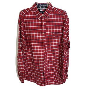 VTG Tommy Hilfiger Mens Shirt Size Large Red Plaid Button Down Crest Logo L/S